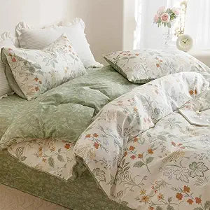Sedefen Floral Duvet Cover Full Size Green Flower Bedding Set with Colorful 3Pcs Botanical Garden Aesthetic Leaves Comforter Cover with Zipper Closure & Corner Ties