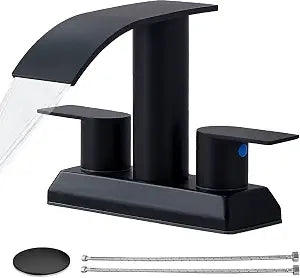 IKEBANA Modern 2 Handle Waterfall Bathroom Faucet, Matte Black, Stainless Steel, Lead-Free, 4 inches Centerset, Includes Pop Up Drain and Supply Hoses