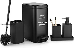 GAHEFY 5-Piece Black Bathroom Accessories Set with Stainless Steel 5L Soft-Close Trash Can, Toilet Brush with Holder, Soap Dispenser, Toothbrush Holder & Tray