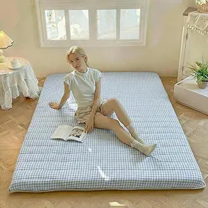 Blue Gingham Plaid Japanese Floor Mattress, 3.5" Thick High Density Foam Futon Mattress, Foldable Tatami Sleeping Pad for Adults & Kids, Roll Up Floor Bed for Dorm Guest Room, Queen Size 60" x 80"
