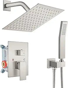 gotonovo Rainfall Bathroom Shower System Rain Shower Head and Handle Set Wall Mounted Shower Complete Combo Solid Brass Pressure Balancing Shower Mixer Valve 8 Inch Brushed Nickel