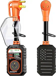 30000J 30Amp RV Surge Protector 30 Amp Flag Design - Upgraded Power Surges Voltage Protection Circuit Analyzer IP68 Waterproof Cover for 30A RVS Camper Trailer Must Haves (30Amp, Orange)