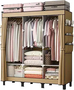Portable Closet, 51.18" Large Capacity Wardrobe with 3 Hanging Rods, 6 Shelves & 18 Side Pockets, Dustproof Organizer for Bedroom, Dorm & Apartment (Cream Colour, Large)