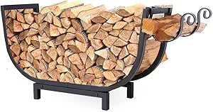 FireProof Pros Firewood Rack Outdoor and Indoor Firewood Storage with Kindling Wood Hooks. 24.5 in curved Double Coated Fire Wood Rack. Waterproof Rustproof Stable Log Holder and Fireplace Organizer