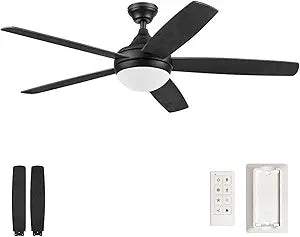 Prominence Home 52" Ceiling Fan with LED Light, Remote, 5 Reversible Blades & 2 Mounting Options, Ashby - Matte Black/Ebony Wood Grain