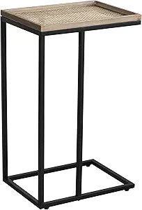 COZAYH Farmhouse C-Shaped Couch End Table with Rustic Wood & Metal Woven Tray Top & Metal Frame, Side Accent Table for Living Room, Black