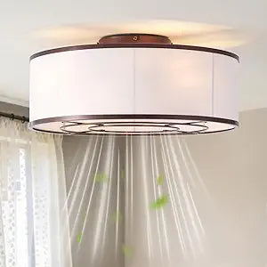 Caged Low Profile Ceiling Fans with Lights, Bladeless Ceiling Fan with lights Remote, Flush Mount Modern Enclosed with 6 Speeds for Bedroom, Kitchen (Brown)