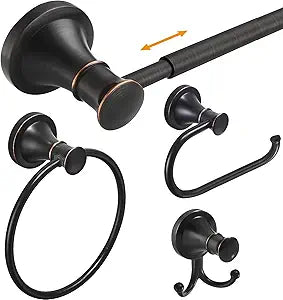 Hoimpro Oil Rubbed Bronze Bathroom Accessory Set, 4-Piece Wall Mount Hardware with Adjustable Towel Bar Rack, Towel Ring, Paper Towel Holder, Double Towel Hooks