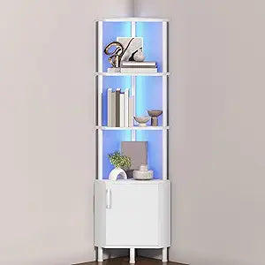 HOOBRO Corner Cabinet with LED Light, Corner Shelf Stand with Storage and Doors, 5-Tier Industrial Corner Bookshelf, 59 Tall Display Rack Shelf, for Living Room, Kitchen, White WT147DCJ01