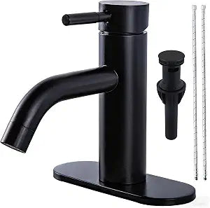 HOTIS Matte Black Bathroom Faucet, Single Hole Bathroom Sink Faucet with Pop-up Drain, Suitable for 1 or 3 Hole Installation, Single Handle for Bathroom Sink, RV and Vanity, HT-BF101