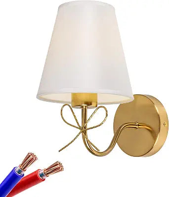 Antique Brass Wall Sconces 1 Pack, Bow Sconces Decor Gold Wall Lights Brass Brushed Gold Sconce with Fabric Shade, E26 110V Hardwired Wall Lamps Indoor for Bedroom, Living Room, Doorway