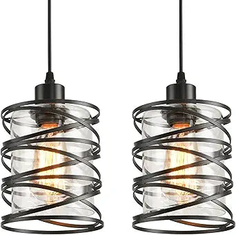 2 Pack Black Spiral Cage Pendant Lights with Clear Glass Shade, Suitable for Kitchen Island, Dining Table, Entryway, Restaurant