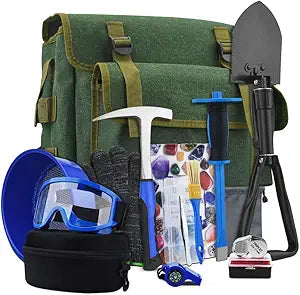 15 PCS Geology Rock Pick Hammer Kit, 22oz Hammer & Digging Chisels for Rock Hounding, Gold Mining & Prospecting Equipment Tool Shovel,Backpack,Magnifying Glass, Goggles,WhistleSoil sieve (VO4)