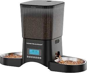 HoneyGuardian Automatic Cat Feeder for 2 Cats, Automatic Cat Food Dispenser, Timed Pet Feeder for Cats and Dogs, Desiccant Bag, Programmable Portion Control,10s Voice Recorder