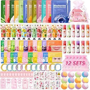 132 PCS Spa Party Supplies for Girls,Spa Party Favors Include Face Masks Skincare, Lip Balm, Under Eye Patches, Foot Bath Bomb, Temporary Tattoos,Sleepover Party Supplies Spa Birthday Kit for Women