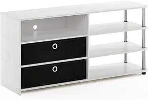 Furinno Jaya Simple Design Stand for TV up to 55-Inch with Bins, White Oak/Chrome/Black