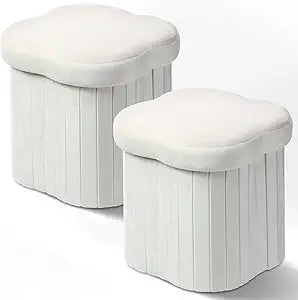 Qinyoung 2 Pcs Storage Ottoman Flower Shaped Foot Stools Foldable Velvet Storage Box Footrest Small Ottoman Seat with Folding Vanity Stool for Dorm Home 12. 6 x 12. 6 x 12. 6 Inch(White)