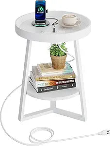 WLIVE Round End Table with Charging Station, Small Round Coffee Table, 2 Tier Side Table for Living Room/Bedroom, Sofa Couch, Wood Tabletop & Metal Frame, White