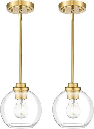 Modern Polished Gold Pendant Light, Mid Century Globe Hanging Light Fixture with Clear Glass for Kitchen Island Dining Room Bedroom Hallway Foyer (2 Pack), PL101BG-2PK
