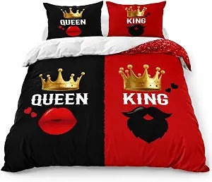 AILONEN King and Queen Duvet Cover Set, Red and Black Crown Queen Comforter Cover Set for Couples,Romantic Mouth and Beard King Queen Comforter Cover with 2 Pillowcases,3 Piece