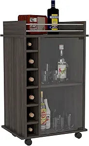 Tuhome Dukat Bar Cart with Two Shelves, Six Built-in Wine Racks, Four Casters, Modern Storage Display Storage Bar Cart for Lounge Bar, Kitchen or Dining Room