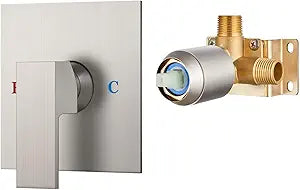 Airuida Square Single-Function Brass Faucet Shower Rough-in Valve Male Thread Bathroom Trim Kit Single Handle Tub Shower Valve 5.5 Inch Cover Plate Brushed Nickel