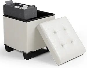 Storage Ottoman Cube with Storage Bin, 15-In Square Ottoman with Storage for Living Room and Bedroom, Small Ottoman Foot Rest, Foot Stools Ottoman, White Storage Chest Max 660lbs, Faux Leather Ottoman
