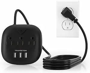 Power Strip 3 Outlets and 3 USB Ports with Switch Control, Desktop Charging Station with 5 ft Extension Cord, Compact for Nightstand, Office and Travel - Black