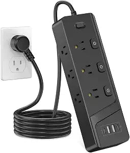 HITRENDS Power Strip with 6 AC Outlets and 4 USB Ports (2 USB-A & 2 USB-C), Dual Control Switches, 6 Ft Flat Plug Extension Cord with Multiple Outlets, Overload Protection, 10A/1250W, Black