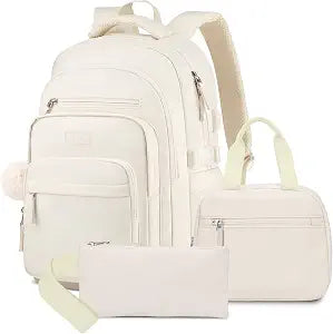 KROSIAS Student Laptop Backpack for College Teen Girls: Middle High School Aesthetic Bookbag Large 15.6 Inch Laptop Bag Travel Back Pack for Women Beige 3PCS Set