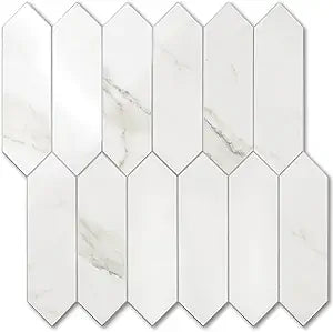 Vamos Tile Glossy White Marble Backsplash Tile Peel and Stick, 12.8 x 12.8 Inch 10 Sheets Long Hexagon PVC Self Adhesive Mosaic Wall Tiles Stick on Backsplash for Kitchen and Bathroom