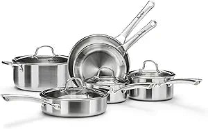Stainless Steel Cookware Set,Tir-Ply Pots and Pans Set,10 Pcs Stainless Steel Induction Kitchen Cookware Sets,PFOA Free, Frying Pans, Butter warmer,Saute Pan & Stock Pot,Compatible with All Cooktops