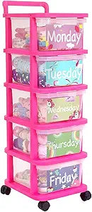 Wesiti 5 Shelf Weekly Clothes Organizer Closet Daily Weekly Closet Organizer Shelves Plastic Clear Clothes Storage with Wheel Sticker for Living Room Bedroom Essential Stuff(Week,Rose Red)