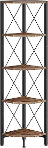 CHOEZON 5-Tier Corner Shelf, Corner Bookcase, 55.2" Tall Vertical Display Rack, Plant Stand, Open Storage Shelf, for Living Room, Bedroom, Study, Kitchen, Rustic Brown and Black TCJ12BF