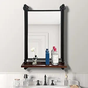 Industrial Pipe Mirror Wood Shelves,Bedroom Mirror with Shelf,Rectangle Iron Wall Mirrors for Living Room Bedroom(29.5x19.68)