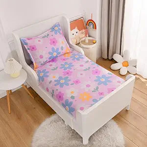 2PC Soft Bed Fitted Sheet and Pillowcases Set,Purple Flowers Printed Sheets for Kids Girls Single Twin Size Bed