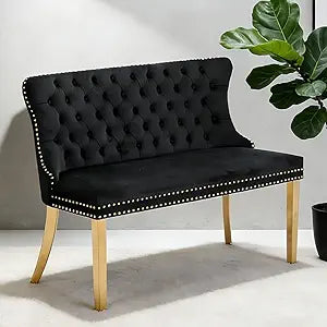 Velvet Double Dining Loveseat Bench, 2-Seat Tufted Bench with Handmade Buttons and Wing Back, Accent Chair with Gold-Plated Steel Legs, Mid-Century Modern Dining & Kitchen Seating, Black