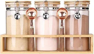 Glass Protein Powder Storage Container Set of 3, 40oz (1200ML) Airtight Collagen Storage Jars with Bamboo Lids and 2 TBSP Spoons, Supplements Organizer for Whey Protein, Collagen & Smoothie Prep