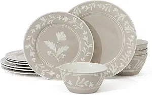 Martha Stewart Dinnerware Set - Maiden Crown 12-Piece Dish Set, Taupe  New Bone China Ceramic Plates & Bowls  Floral Design  Service for 4  Microwave & Dishwasher Safe
