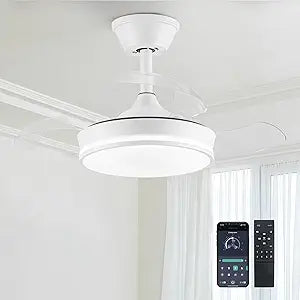 STERREN 30" Retractable Ceiling Fans with Lights, Dimmable LED Ceiling Fan Remote Control, Modern Small Fan Light for Bedroom Living Room Dinning Room Kitchen, 3000K-6500K, 6 Speed (White)