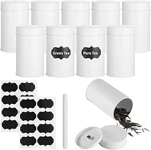 10 PCS Tea Tin Canisters, 16oz Metal Round Tin Cans, Airtight Lid Double Sealed Tea Canisters with 1 Erasable Chalk Marker and 16 Stickers for Name Marking Info