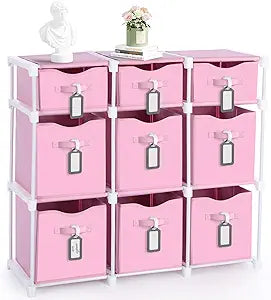 9 Cube Storage Organizer Shelf with Storage Bins and Label, 11 Inch Toy Cube Bins Clothes Closet Organizers Drawers Fabric Dresser for Living Room, Bedroom, Playroom, Dorm(Pink)