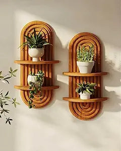 Bamworld Boho Wall Decor Brown Plant Wall Shelf, Mid Century Modern Decor Hanging Plant Shelf, 2-Tier Wooden Floating Shelves for Home, Bathroom Bedroom Living Room, Office Planter Decoration 2 pcs