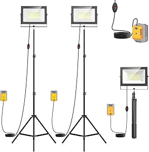 LIVOWALNY 20000LM LED Work Lights with Stand Compatible with Dewalt Battery, 2PCS 200W Portable Tower Light IP66 Waterproof with 13FT Cord, Tripod Flood Light for Garage Job Site(Tool Only)