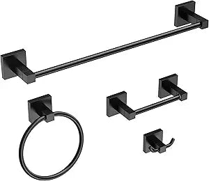 Ruacq 4 Pieces Bathroom Hardware Set Matte Black Square Stainless Steel and Zinc Alloy Modern Wall Mounted,18-Inch Towel Bar,Toilet Paper Holder,Towel Ring,Robe Hook,Bathroom Accessories Kit