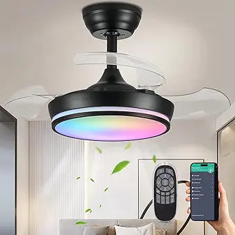 30" RGB Ceiling Fan with Light Chandelier Fan Modern Fandelier Dimmable LED 6-Speed Reversible Black,Remote APP Control