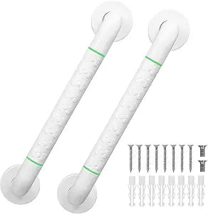 2 Pack 16 Inch White Shower Grab Bar,Bath Grab Rails with Anti-Slip Grip and Safety Luminous Circles,Stainless Steel Bath Handle Bathroom Grab Bar for Seniors, Elderly, Handicap