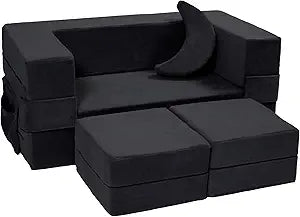 Elftopia Modular Kids Sofa,Toddler Couch Foam Armchair for Kids, Children Convertible Plush Sofa Play Set,Fold Out SofaBed(Black)