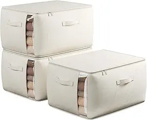Large Canvas Clothes Storage Bags with Thick Handles and Clear Window, Foldable Cotton Linen Closet Organizer for Clothing, Blankets and Bedding, 70L, 3 Pack, Beige