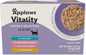 Applaws Vitality Wet Cat Food in Broth, Natural Cat Food with Added Vitamins & Minerals, Grain-Free, Carrageenan Free, Variety Selection in Broth (24 Count, 2.47 oz Cans)